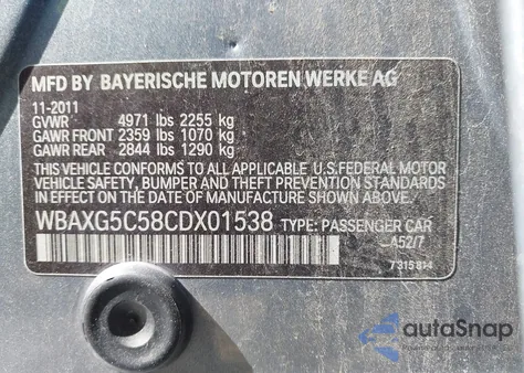 2012 BMW 528I z USA, uszkodzony, nr VIN WBAXG5C58CDX01538